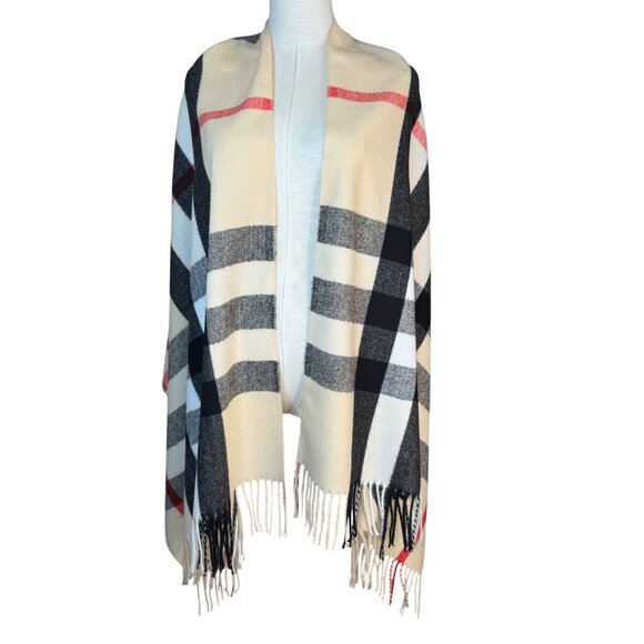 2/$30 New Cashmere Blend Plaid Shawl Wrap With Fringe Cream Red Black White - Picture 5 of 10